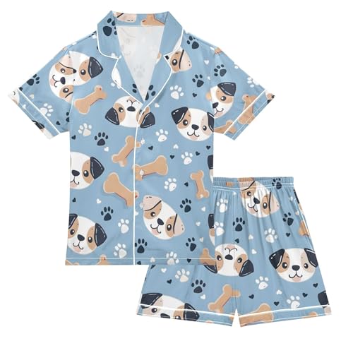 ALAZA Puppy Dog Bone Blue Paw Print Pajamas Satin Pajama Set Short Sleeve Button Down Sleepwear