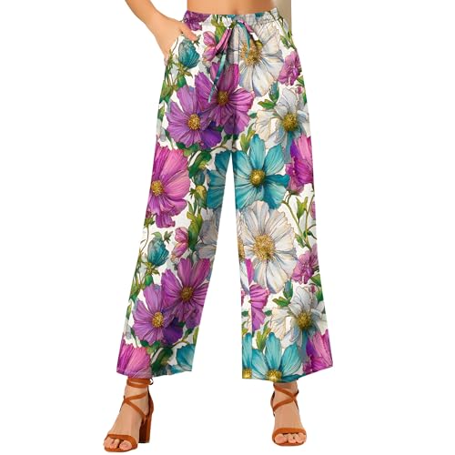 Womens Boho Floral Wide Leg Pants Casual Loose Elastic High Waisted Drawstring Palazzo Pants with Pockets