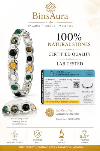 Image of BinsAura 7 Chakra Natural Gemstone Bracelet for Men & Women | Pyrite, Tiger Eye, Citrine, Green Aventurine, Black Obsidian, Amethyst & Rose Quartz Crystal Healing Beaded Bracelet | Adjustable Lucky Bracelet