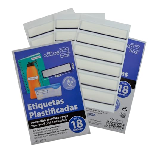 18 Etiquetas adhesivas plastificadas. Perfecto para identificar cualquier objeto. Resistentes al Lavavajillas y al Microondas. Formato rectangular by Office Box
