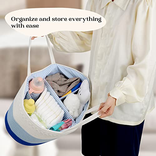 Image of luxury little Diaper Caddy Organizer, Large Cotton Rope Nursery Baby Basket, Changing Table Organizer for Baby Diaper Storage, Portable Car Organizer Removable Divider (Blue, Extra Large)
