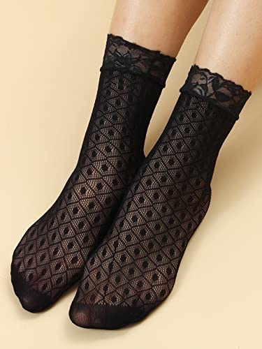 Verdusa Women's 5 Pairs Striped Plaid Mesh Sheer Socks Lace Black One-Size #TOP5