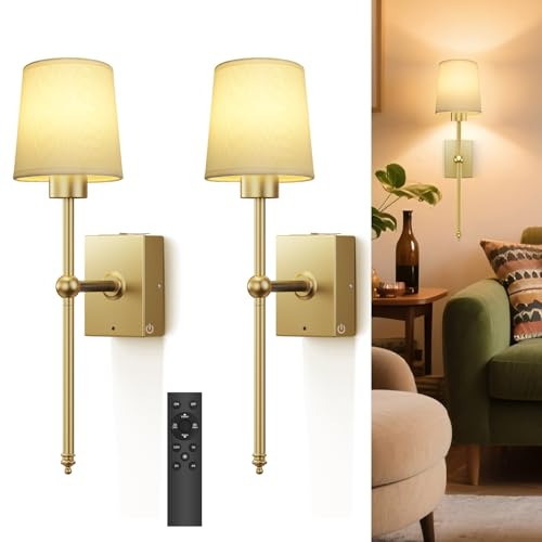Battery Operated Wall Sconce Set of 2 - Gold Rechargeable 8000mAh Dimmable LED Wall Lights with Remote & Timer, Wireless Wall Lamps for Bedroom, Hallway, Living Room Decor