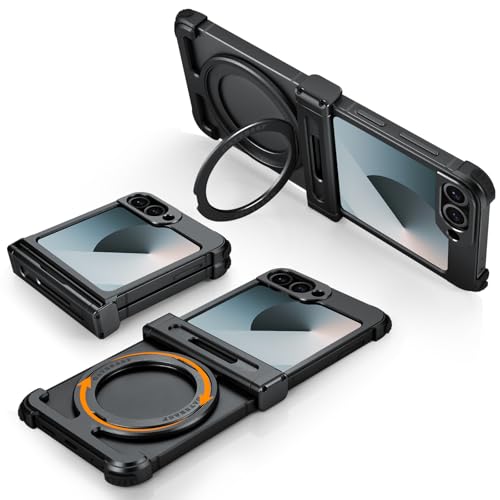 XAOVUIR for Samsung Z Flip 6 Case with Hinge Protection Magnetic Ring Stand Rotatable, Z Flip6 Case Kickstand Slim Thin, Aluminum Shockproof Protective Phone Case for Galaxy Z Flip 6 2024 - Black by XAOVUIR - Used condition - US$7.58