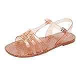 OMGard Women Sandals Jelly Shoes Flats Size 8 Clear Gold T-Strap Crystal Jellies Slides Clear Rain Slippers Glitter Summer Beach Retro