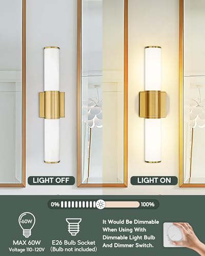 Image of Bathroom Light Fixtures Set of 2, 2 Light Vanity Lights for Mirror with Milk Glass Shade, Up and Down Wall Sconces for Bathroom Bedroom Hallway, Brushed Gold, VL834-BG-ML-2PK