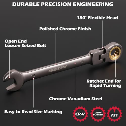 Premium 24-Piece Flex-Head Ratchet Wrenches Set with Magnetic Organizers, Metric SAE 8-19mm 1/4"-7/8", Cr-V Ratcheting Wrenches with 72 Teeth 180° Flex Head, Ratchet Combination Wrench Set for Repair by SEDY - Image 5