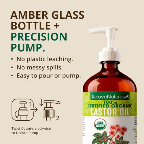 image for RejuveNaturals Castor Oil (16oz Glass Bottle) USDA Certified Organic, 