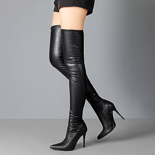 Women's Over The Knee Boots High Heels Zipper PU Leather Thigh High Boot3