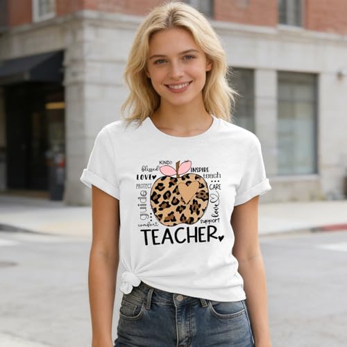 Leopard Print Apple Teacher Shirt for Women-Inspirational Heart Tee Tops Teacher Love Teach Inspire Short Sleeves