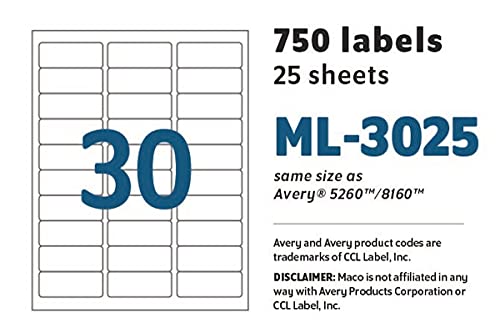 Maco Laser/Ink Jet White Address Labels, 1 X 2-5/8 Inches, 30 Per Sheet, 750 Per Pack (Ml-3025) (Macml3025) #TOP4