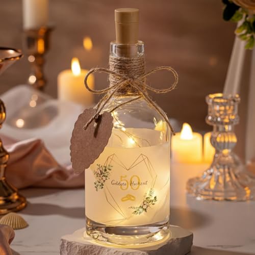 BBTO LED Flaschenlicht mit Spruch Goldene Hochzeit, Geldgeschenke Verpackung 50 Hochzeitstag Beleuchtete Dekoflasche, Hochzeitsgeschenk Jahrestag Geschenk für Eltern Paare Silberhochzeit Jubiläum