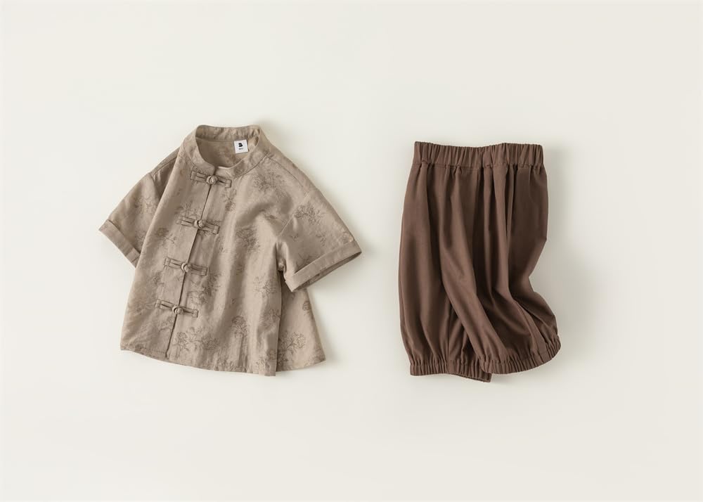 Toddler Baby Boys Summer Clothes Short Sleeve Button Down Shirt + Shorts Tang Suits Chinese Traditional Outfits (Gray,80/6-12 M,Unisex,Big Kid,US,Age,6 Months,12 Months)