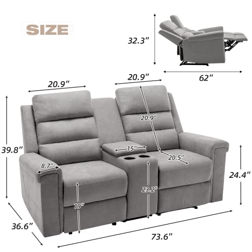 Mellcom Linen Reclining Console Loveseat, Manual Reclining Home Theater Seating, Upholstered Sofa Recliner Chair With Storage Console Cup Holder, Arm Chair For Living Room Bedroom, Gray #TOP5