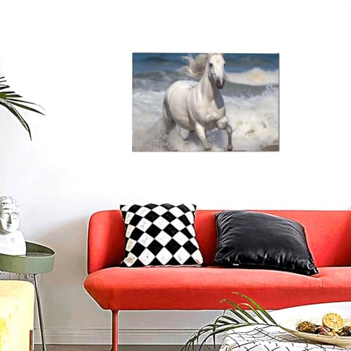 Cheval blanc courant sur la mer impression sur toile encadrée de qualité supérieure - 5