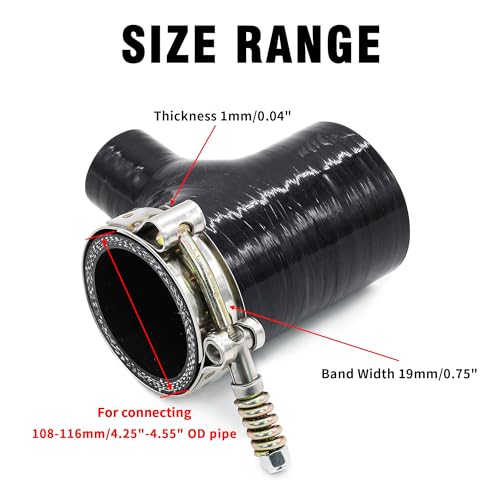 WYSIWYKA 2 Pack T-Bolt Hose Clamps, Stainless Steel Hose Clamp with Reinforcement Spring for Pipe, Turbo Intake Intercooler Clamp Working Range 4.25\"-4.55\"(108-116mm)