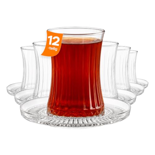 Nordic Schiller Turkish Tea Glass Set 12-Piece (6 Glasses + 6 Saucers) 170 ml Clear Faceted Design Dishwasher Safe Elegant Tableware for Tea Desserts and Drinks Tea Glasses
