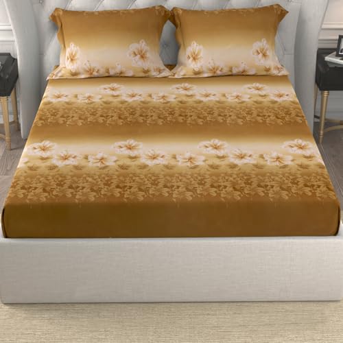 Image of Cloth Fusion Cotton Feel Elastic Fitted Bedsheet King Size, 2 Pillow Covers | Glace cotton 186 TC, 78 x 72 inches, fits up to 8 inch mattress, soft, breathable, wrinkle-resistant, machine wash, brown