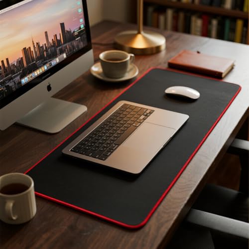 Image of JIALONG Large Gaming Mouse Pad, Extended Mousepad with Red Stitched Edges, XXL Desk Mouse Mat, Big Computer Keyboard Pad for Gaming and Office, 35.4 x 15.7 inches
