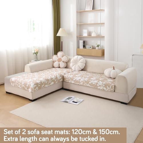 Image of HOKIPO 'Elira Series' Printed Water Repellent + Waterproof Quick Dry L Shape (2+2 Seater) Sofa Seat Cover Mat, Buff Brown Sillehoute Floral (AR-5245-C7 + AR-5246-C7)