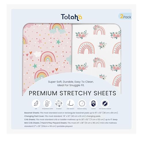 Image of TotAha Pink Rainbow Crib Sheets Girl - Hypoallergenic, Silky Comfort, Buttery Soft, Calming Effect, All-Season Premium Stretchy Jersey-Knit Sheets, 9'' Extra Deep Pocket-2 Pack
