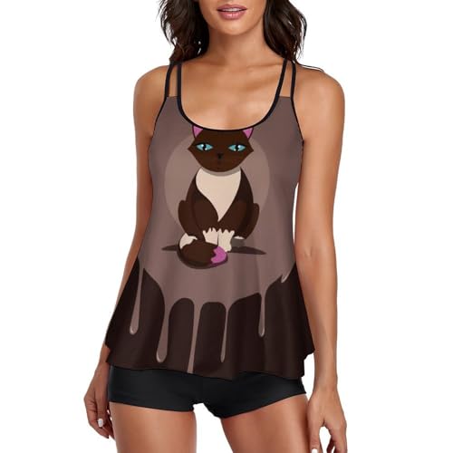 Tankini imprimé chat brun avec short pour femme