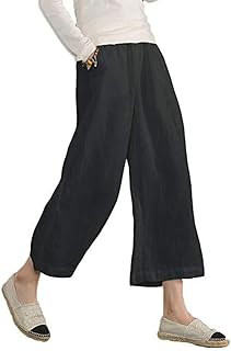 Womens Casual Lightweight Elastic Waist Linen Cotton Trouser Cropped Wide Leg Pants - Buy now