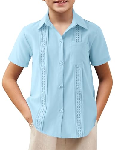 Image of Boys Guayabera Shirt Short Sleeve Button Down Casual Linen Shirt with Pockets for Summer Hawaiian Holiday 4-13Y