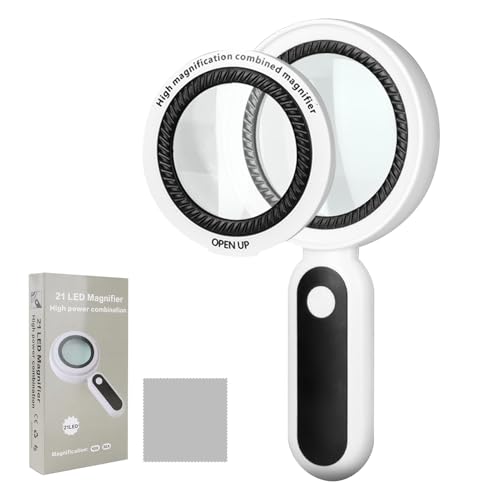 Loupe Grossissante à Main 3 Niveaux 10× 30× avec 21 LED, Loupe de Lecture Éclairante à Double Lentilles HD, Outil pour Seniors et Malvoyants, Idéale pour...