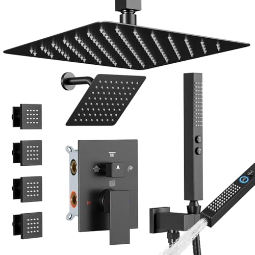 Shower System with Body Jets Matte Black, STARBATH 4 Way 12+6' Shower Faucet Sets Complete with 2 in 1 Handheld,Ceiling Mounted Rainfall Dual Shower Head with 4 Body Spray Jets, Shower Jets System