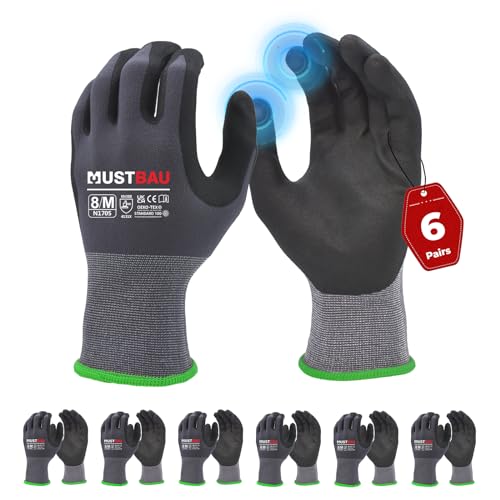 Mustbau 6 Pares de Guantes de Trabajo con Pantalla Táctil, Guantes de Nitrilo Resistentes a la Abrasión, Excelente Agarre Adecuados para Jardinería, Mecánica, Construcción (Gris,M)