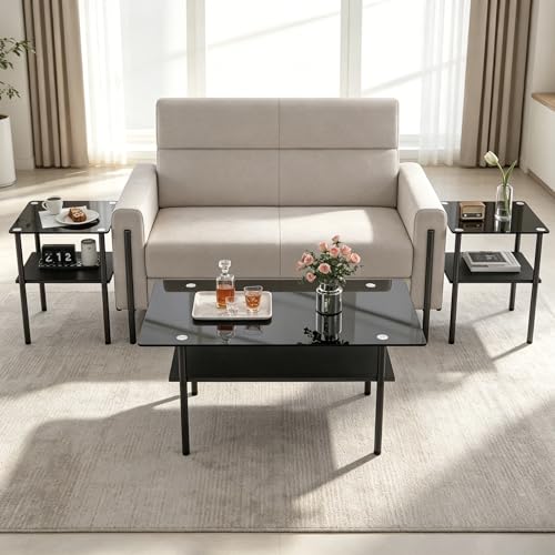 Image of Black Glass Coffee Table Set of 3, Small Coffee Table & 2pcs Square End Table w /Reinforced Frame & Tempered Glass Surface,3 Piece Living Room Table Set for Apartment,Small Space