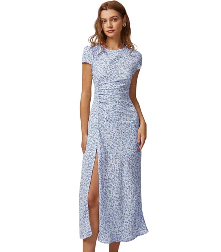 RIHOAS Floral Boho Midi Dress with Slit - Women's Round Neck Sundress for Beach Garden Daily Outfits Blue Floral Dress