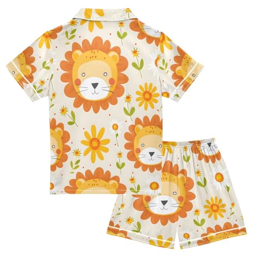 ALAZA Cute Lion Blossom Floral Pajamas Satin Pajama Set Short Sleeve Button Down Sleepwear2