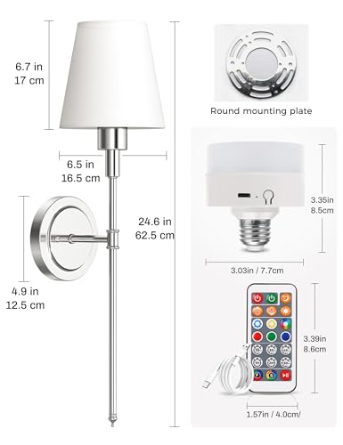 Image of DORESshop Battery Operated Wall Sconce Set of 2, Wireless Wall Light Easy to Install, 7 Color Rechargeable Wall Sconces, Sconce Wall Decor Set of 2 for Bedroom, Living Room, Chrome, 24.6in