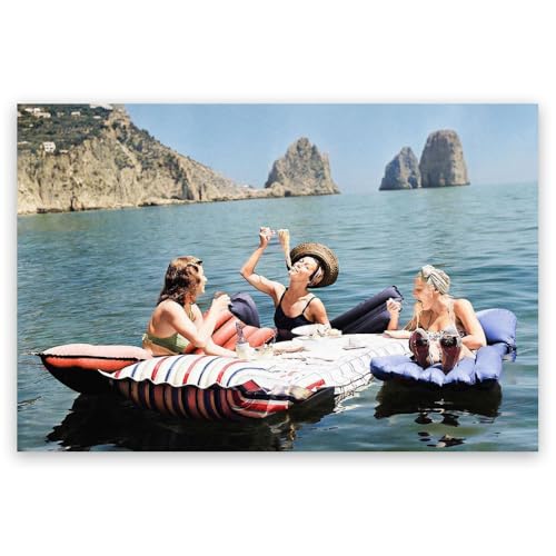 Vintage Women Eating Pasta on Lake Wall Art Funny Summer Poster Retro Girls Floating on the Sea Female Picnic Canvas Print for Kitchen Bar Dorm Club Lounge Decor 18x12inch Unframed