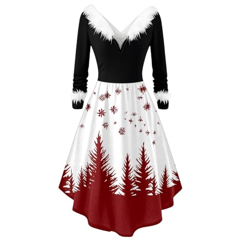 Gelb Weihnachtskleid Damen Elegant Langarm Weihnachtskleider mit Plüschkragen V-Ausschnitt Rockabilly Kleider Ballkleid Vintage Kleid Merry Christmas...