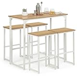 Ensemble Table de Bar avec 4 Tabourets,Table Haute de Cuisine et 4 Chaises de Bar,Mange Debout avec Tabouret,pour Petit Appartement,Cuisine,Salle à Manger,Salon,Balcon,Bar,Bois Rustique et Blanc