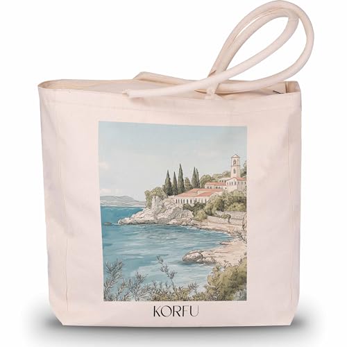 favplace Shopping Tasche mit Städtemotiv Korfu Griechenland Tote Bag - Shopper bzw. Einkaufstasche für Fernweh oder Heimat - Reise Daybag - Jutebeutel