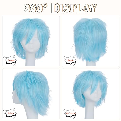Image of S-noilite Unisex Short Cosplay Wig Short Pixie Fluffy Hair Wigs for Women Men Halloween Anime Party Dress Costume Hairstyle Heat Resistant Straight Synthetic Hair Wigs Light Blue
