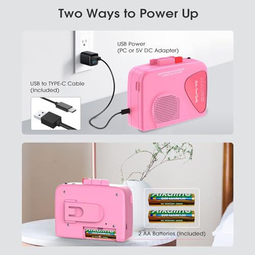 Cassette Player Tape Recorders AM/FM Radio, Portable Tape Player Records Built in Speakers Manual Record - 2AA Battery Or DC 5V Supply with 3.5MM Earphone- Pink - Image 6