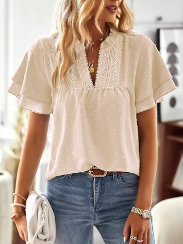 Womens Tops Butterfly Sleeve V Neck Blouses for Women Dressy Casual Flowy Swiss Dot Ruffle Short Sleeve Shirts4