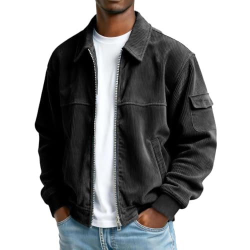 Corduroy Mens Jacket Vintage Long Sleeve Button Down Jackets with Pockets