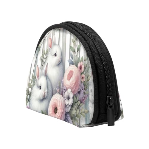 Portable Coin Purse Happy-Easter-Rabbits-Floral Mini Zippered Money Pouch Card Holder4
