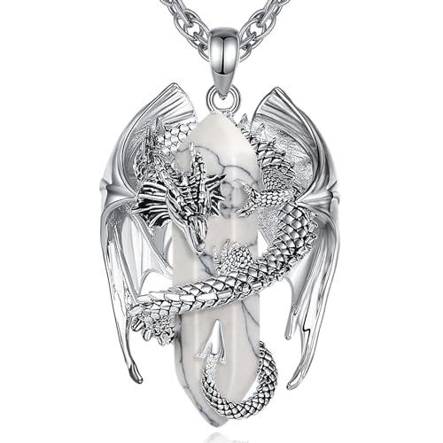 INFUSEU Dragon Necklace Gifts Jewelry for Men Women Healing Crystal Pendant Howlite White Turquoise Long Large Big Set Spiritual Accessories Personalized Birthday Anniversary Unique Present