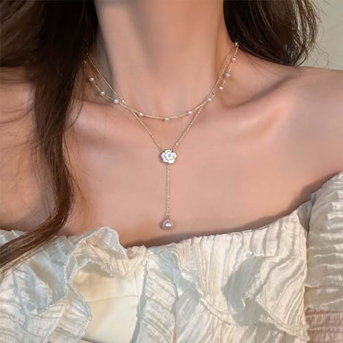 Crymystal Boho Pearl Drop Necklace For Women Layered White Flower Pendant Necklace Pearl Y Necklace Chain Flower Y Lariat Necklace Pearl Y Drop Chain Necklace Gold Pearl Bead Necklace Jewelry For Girls thumb #4