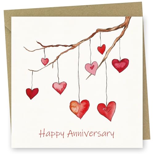 Anniversary Card. Branch of Hearts Design. Card with Kraft Envelope. 150x150mm when folded. Blank inside. Made in Britain.