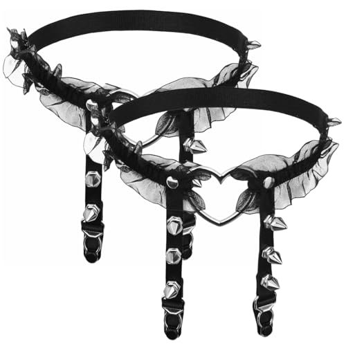 HAMKU 2-Pieza de Encaje de la Pierna de Encaje de Las Mujeres Ajustable Punk gótico Liguero Deslizamiento Clip de Encaje Liguero de Halloween Carnaval Cosplay Accesorios para Fiestas