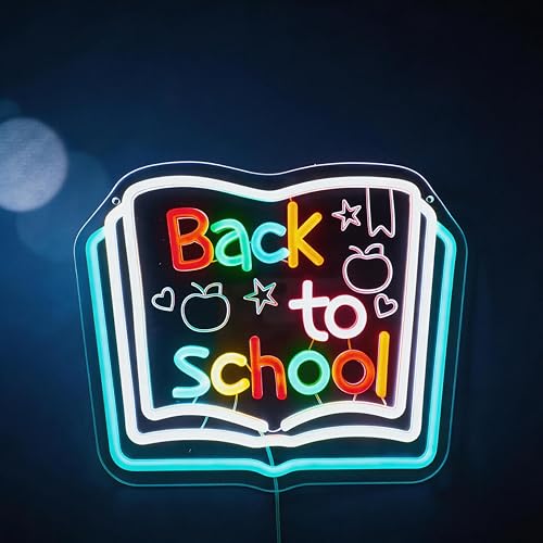 Image of Back to School Neon Sign, Classroom LED, 13.8 inch x 11 inchIN | Chalkboard Style, Typography with Apple & Stars, Study Room Decor, For Kids & Teachers
