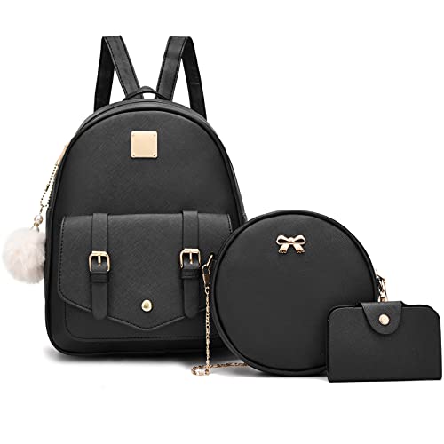 I IHAYNER Womens 3 Piece Fashion Leather Backpack Set Mini Backpack Handbag Rucksack Satchel Shoulder Bag for Ladies Black